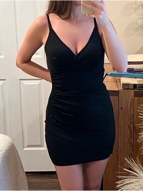 Forever 21 Black Satin Ruched Mini Dress Spaghetti Strap Y2K Party Club L
